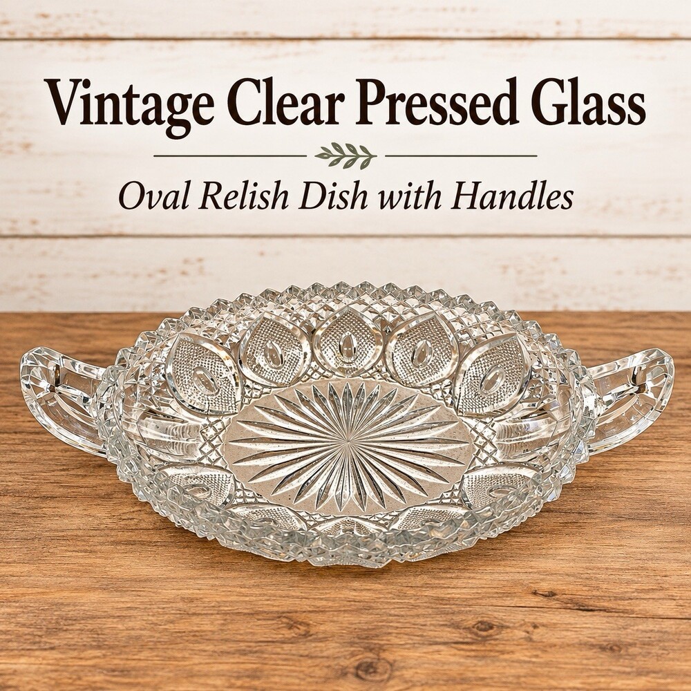 Vintage Clear Pressed Glass Oval Relish Dish Starburst Handles Sawtooth Rim